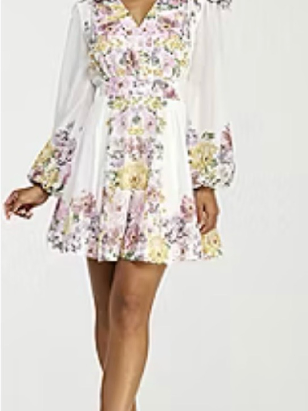 Floral V-Neck Long Sleeve Mini Dress in White and Pastel Floral